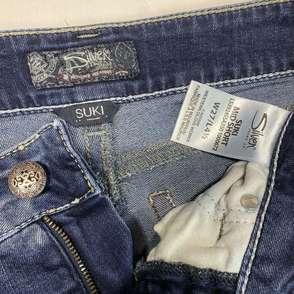 Silver Suki Mid Shorts 27 Blue Stretch Denim Jean Dark Wash Distressed